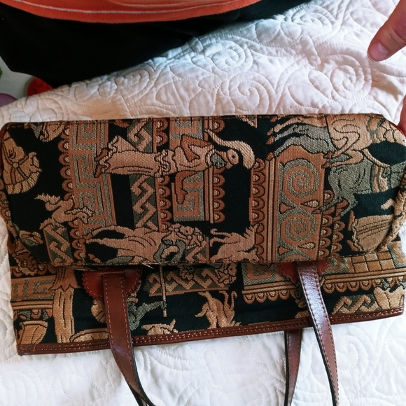 ETRUSCO VINTAGE ITALIAN MADE LEATHER & TAPESTRY SHOULDER BAG -TANS GRAYS BLACK - Picture 10 of 16